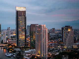 Night cityscape and high-rise buildings in metropolis city center